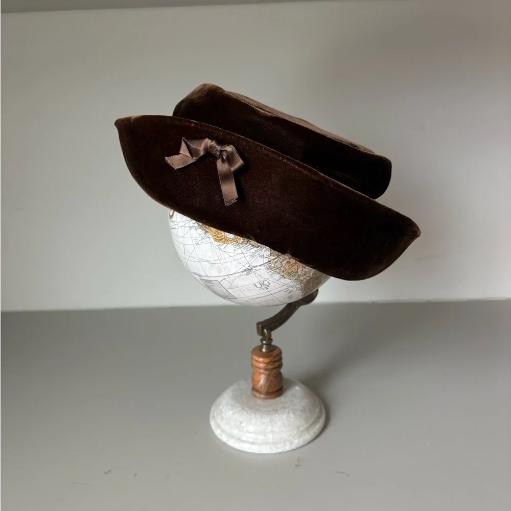 Vintage Union Made Brown Velvet Pillbox Hat Bow Detail 1950s 1960s ADW USA